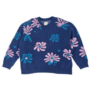 For Days Oversized Floral Crew Sweater 100% Cotton Navy Blue Women's Size XXL